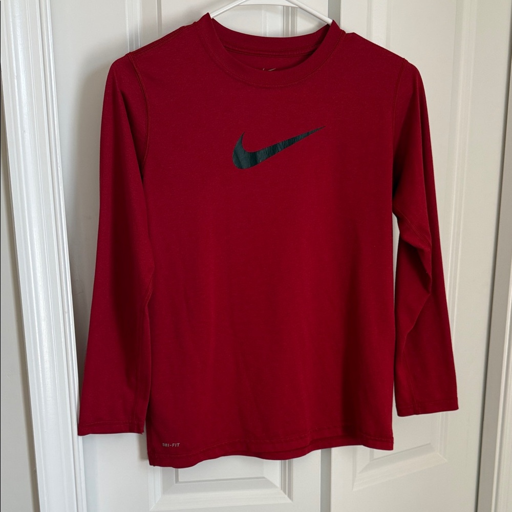 Nike Red Long-Sleeve Athletic Tee with Black Swoosh